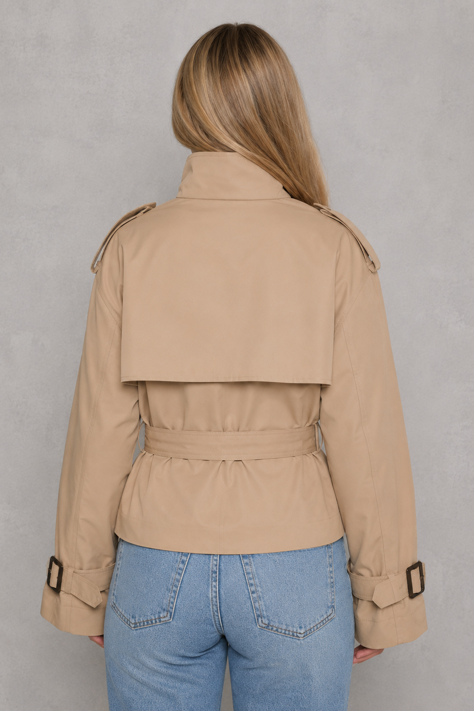 Women's cropped belted trench coat with high collar