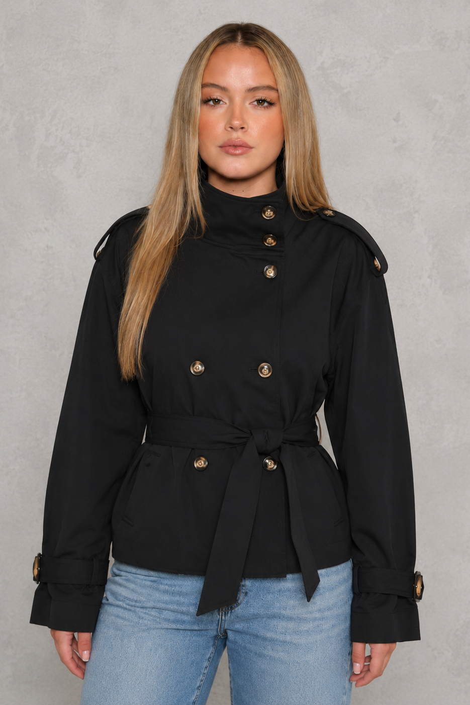 Women's cropped belted trench coat with high collar