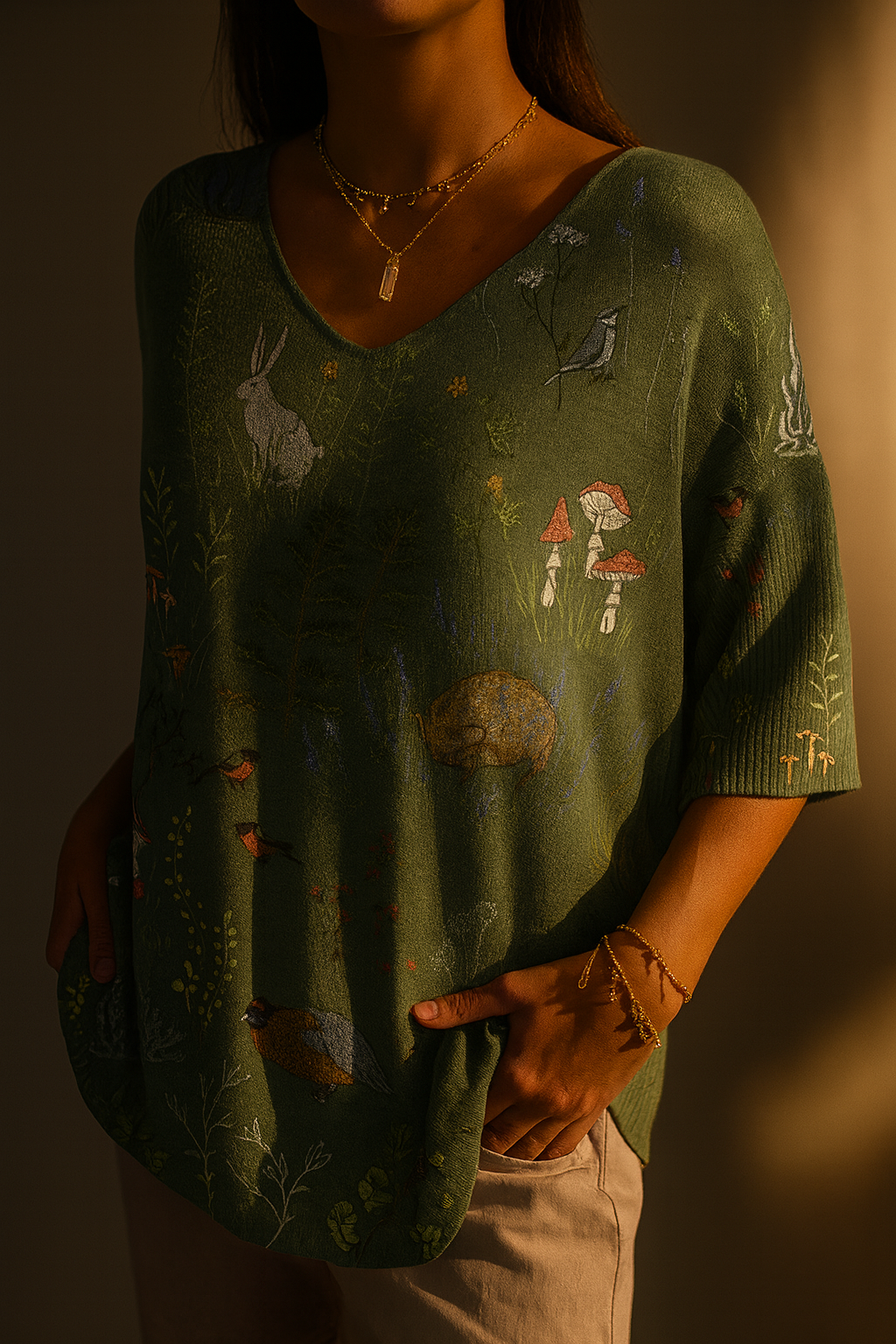Women's green V-neck sweater with woodland animals, birds, mushrooms and foliage print