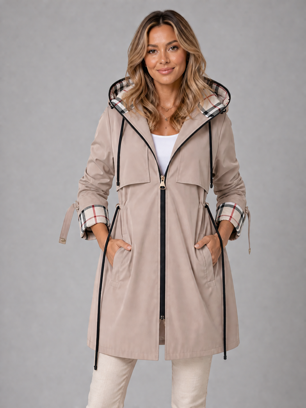 Women's hooded trench coat with checked hood and cuffs, front zip and adjustable drawstrings