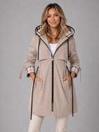 Women's hooded trench coat with checked hood and cuffs, front zip and adjustable drawstrings