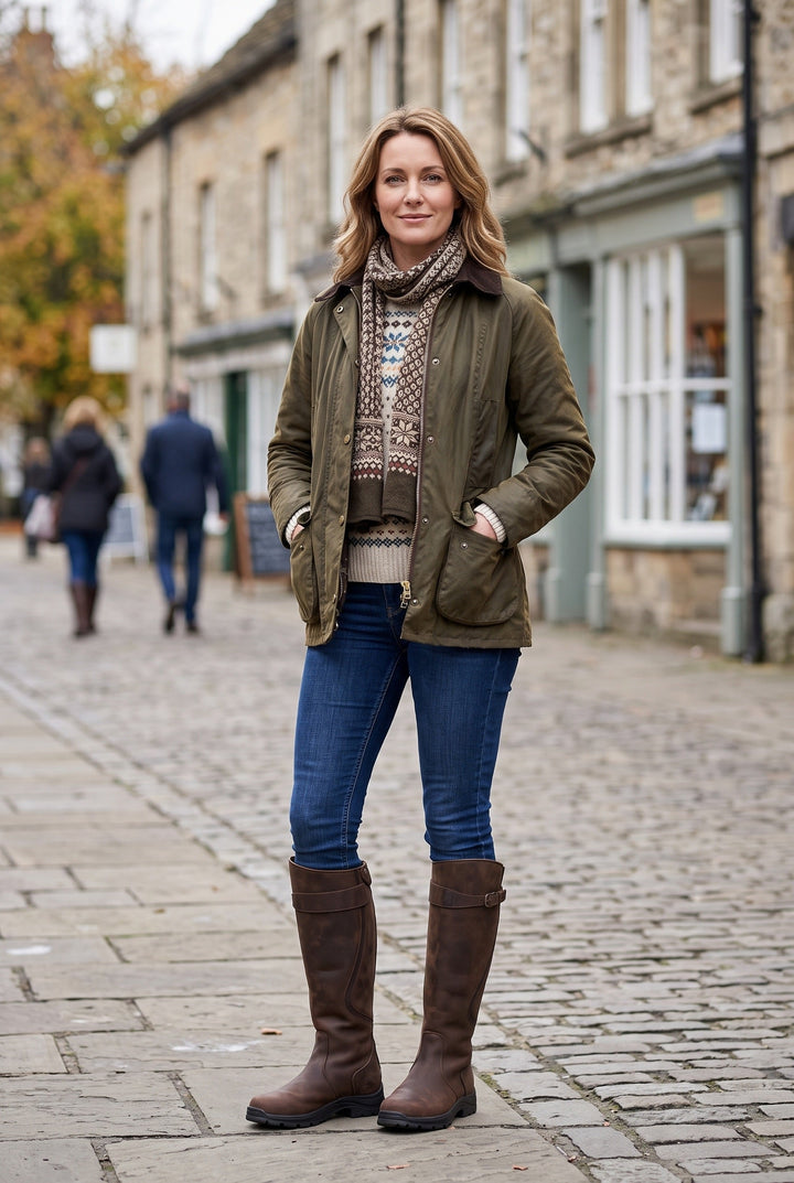 Women's knee-high riding boots with a buckle strap and chunky lug sole
