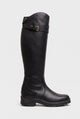 Women's black knee-high riding boots with a buckle strap and chunky lug sole