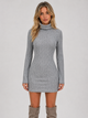 Women's grey fitted ribbed knit roll neck mini dress with long sleeves