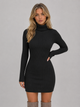Women's black fitted ribbed knit roll neck mini dress with long sleeves