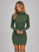 Women's green fitted ribbed knit roll neck mini dress with long sleeves