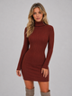 Women's red fitted ribbed knit roll neck mini dress with long sleeves