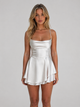 Women's ivory satin-feel fit and flare mini dress with a square neck and thin straps