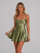 Women's green satin-feel fit and flare mini dress with a square neck and thin straps