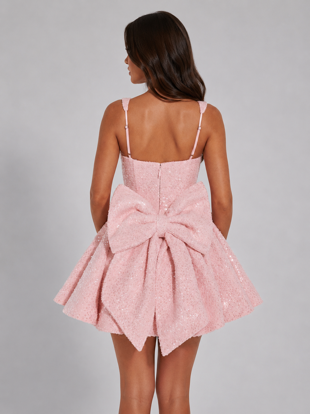 Women's sequin fit and flare mini dress with square neck and large back bow