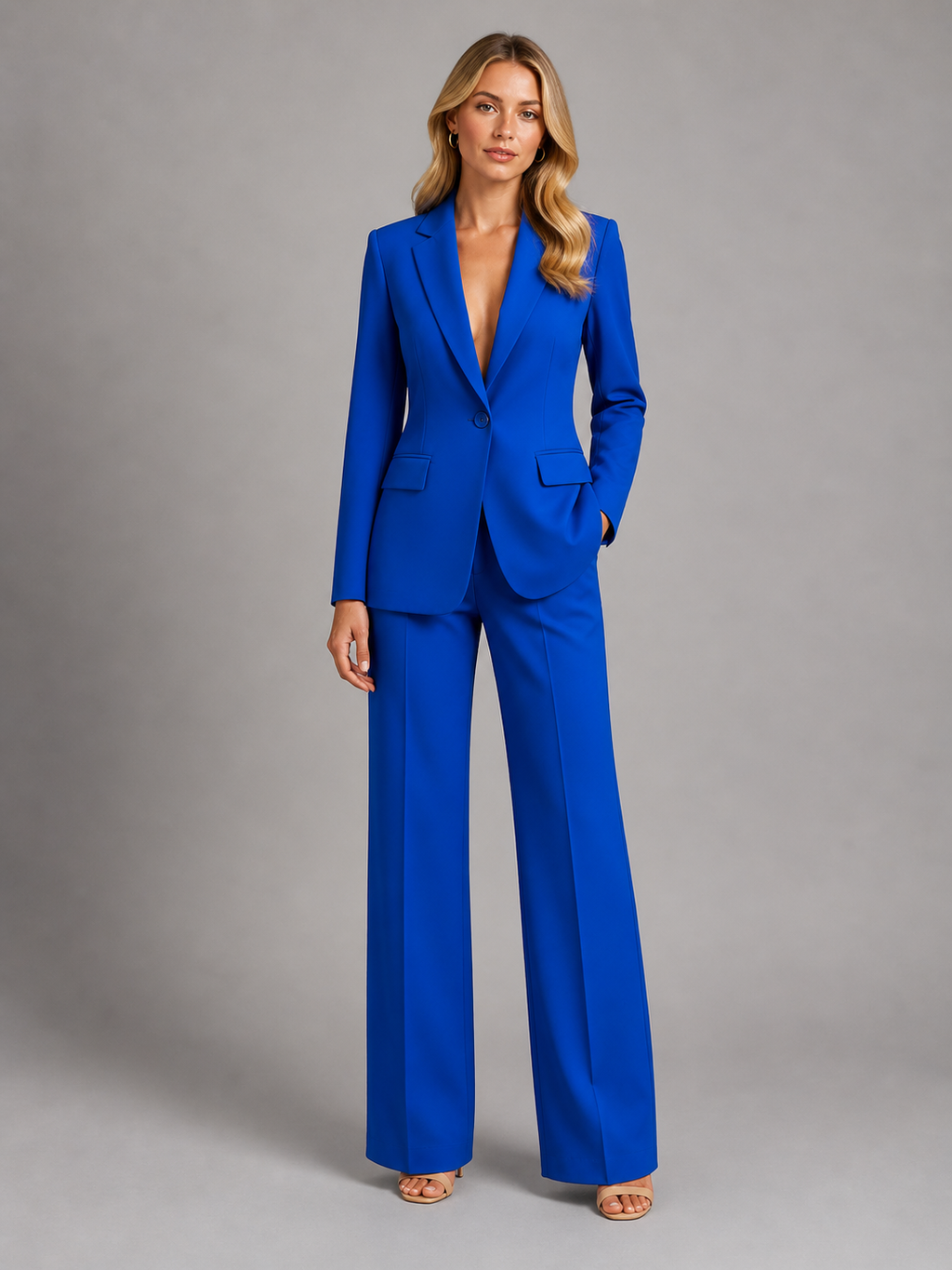 Women's tailored blazer and wide-leg trousers set with notched lapels and flap pockets