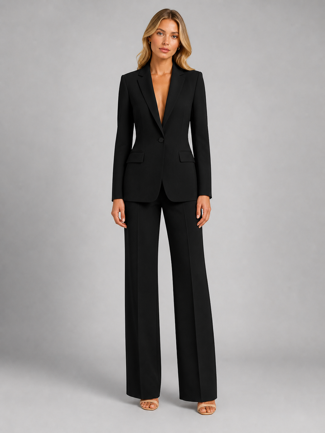 Women's tailored blazer and wide-leg trousers set with notched lapels and flap pockets
