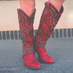 Women's studded knee-high western boots with pointed toes
