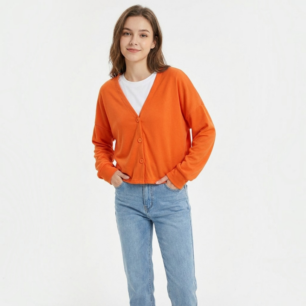 Women's relaxed V-neck button-front cardigan with long sleeves