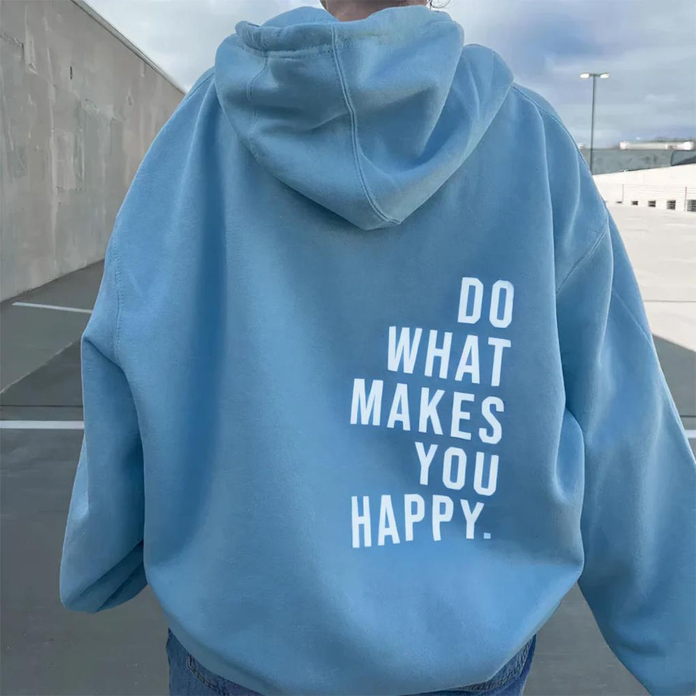 Women's blue sherpa fleece hoodie with a slogan print on the back