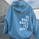 Women's blue sherpa fleece hoodie with a slogan print on the back
