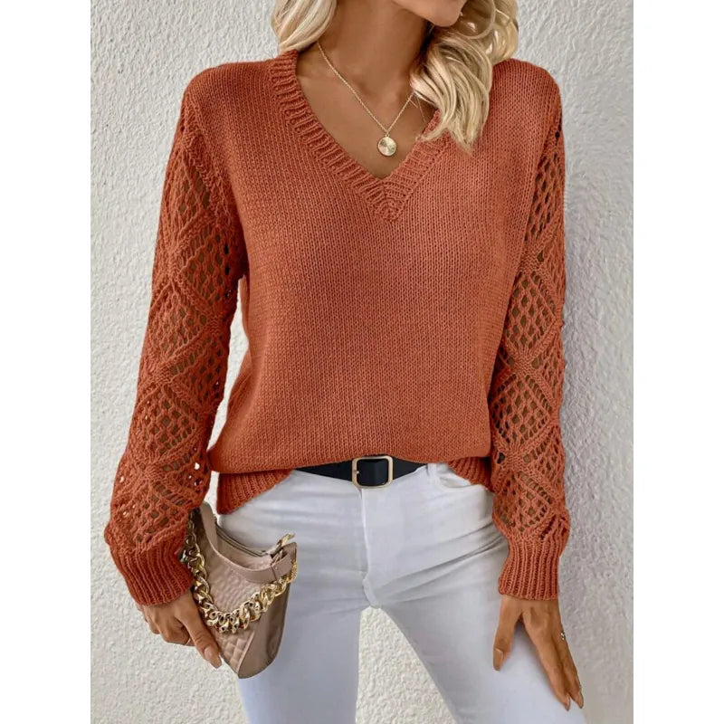 Women's V-neck knit sweater with openwork long sleeves and ribbed trims