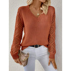 Women's V-neck knit sweater with openwork long sleeves and ribbed trims