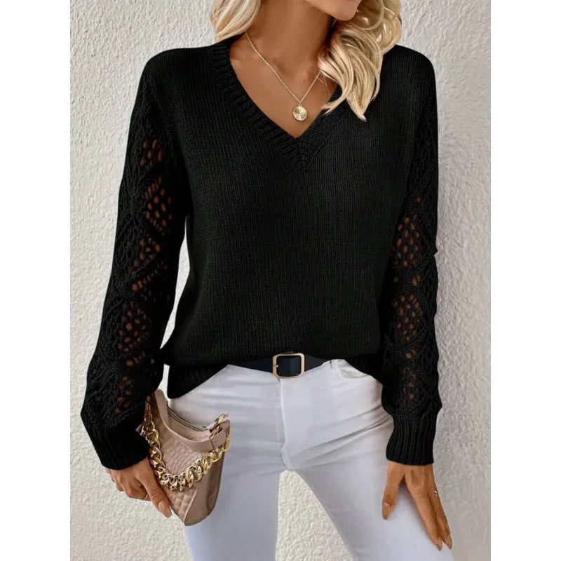 Women's V-neck knit sweater with openwork long sleeves and ribbed trims