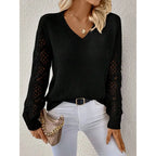 Women's V-neck knit sweater with openwork long sleeves and ribbed trims