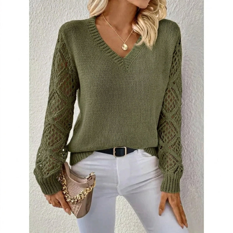 Women's V-neck knit sweater with openwork long sleeves and ribbed trims