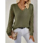Women's V-neck knit sweater with openwork long sleeves and ribbed trims