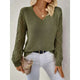 Women's V-neck knit sweater with openwork long sleeves and ribbed trims