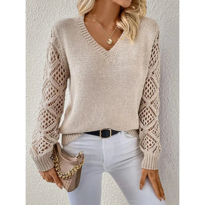 Women's V-neck knit sweater with openwork long sleeves and ribbed trims