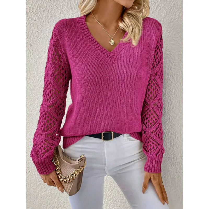 Women's V-neck knit sweater with openwork long sleeves and ribbed trims