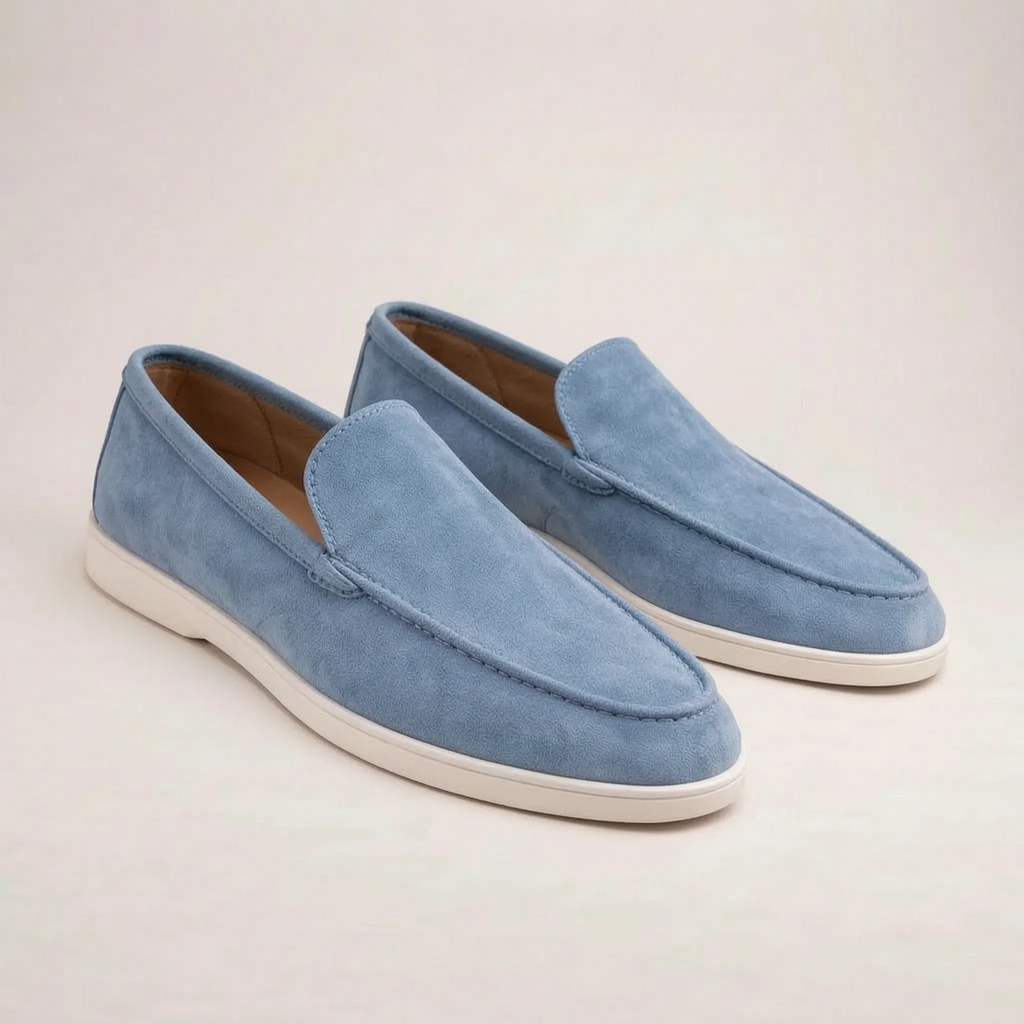 Men's slip-on loafers with moc toe and flat white sole
