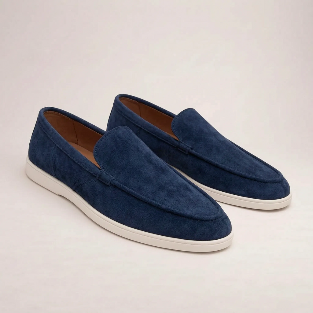 Men's slip-on loafers with moc toe and flat white sole
