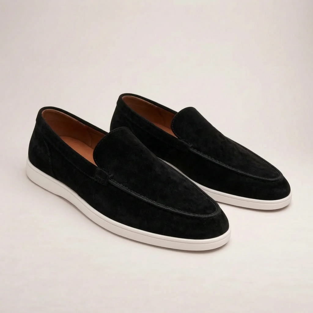 Men's slip-on loafers with moc toe and flat white sole