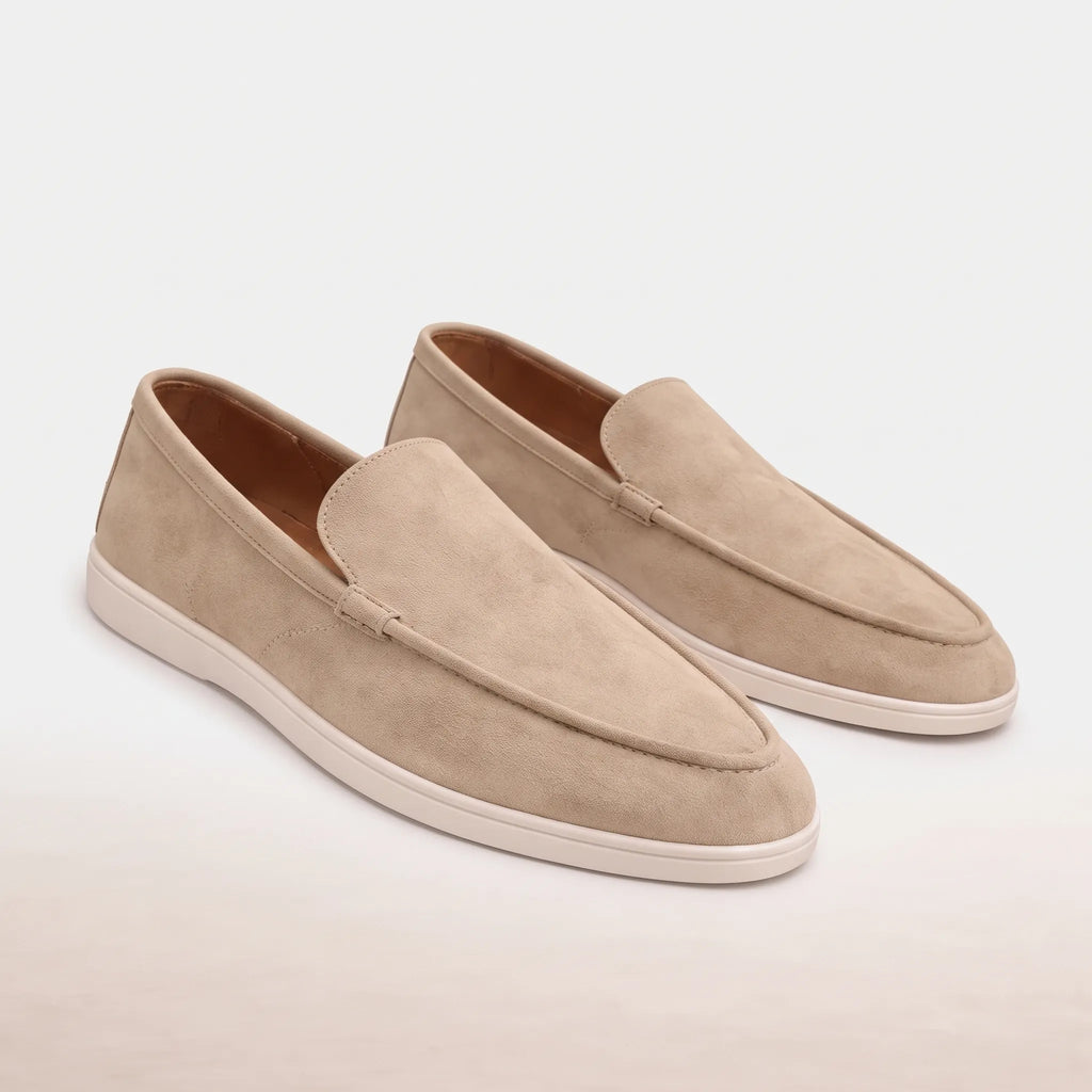 Men's slip-on loafers with moc toe and flat white sole