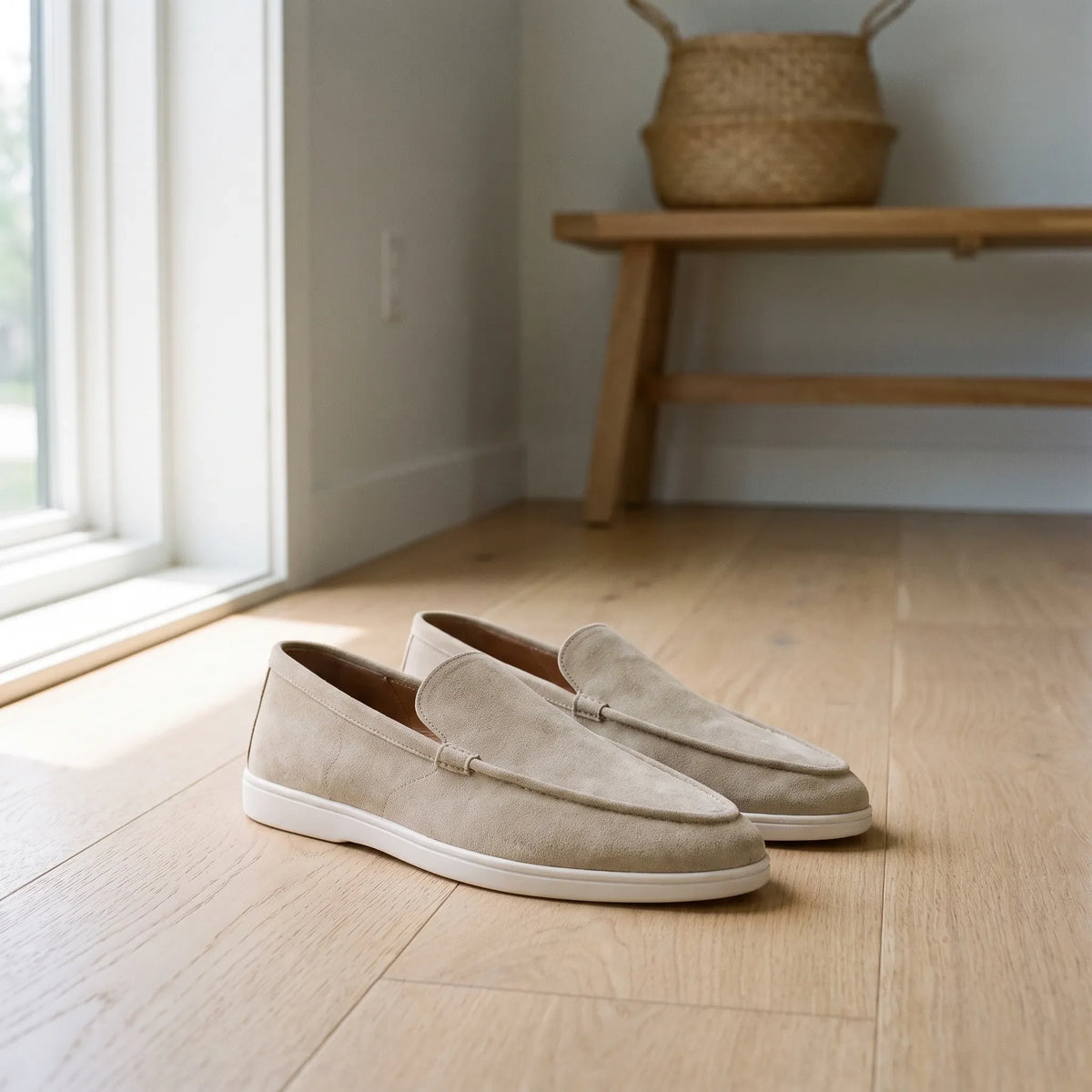 Men's slip-on loafers with moc toe and flat white sole