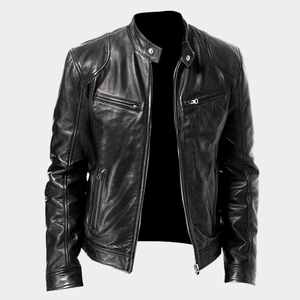 Men's biker jacket with stand collar, zipped pockets and long sleeves