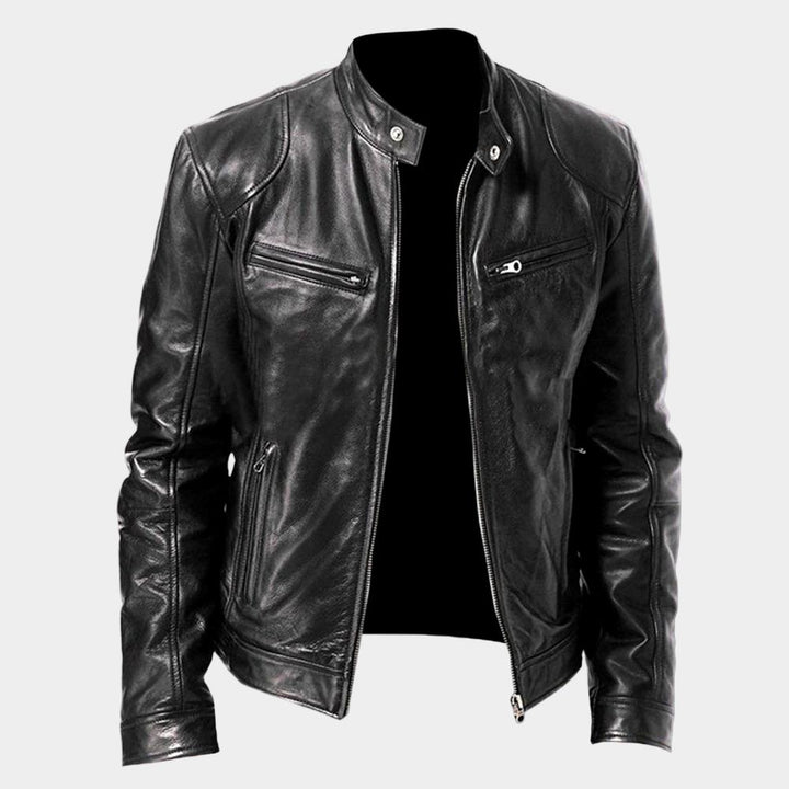 Men's biker jacket with stand collar, zipped pockets and long sleeves