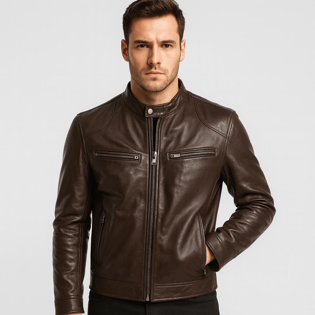 Men's biker jacket with stand collar, zipped pockets and long sleeves