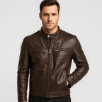 Men's biker jacket with stand collar, zipped pockets and long sleeves