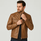 Men's biker jacket with stand collar, zipped pockets and long sleeves
