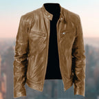 Men's biker jacket with stand collar, zipped pockets and long sleeves