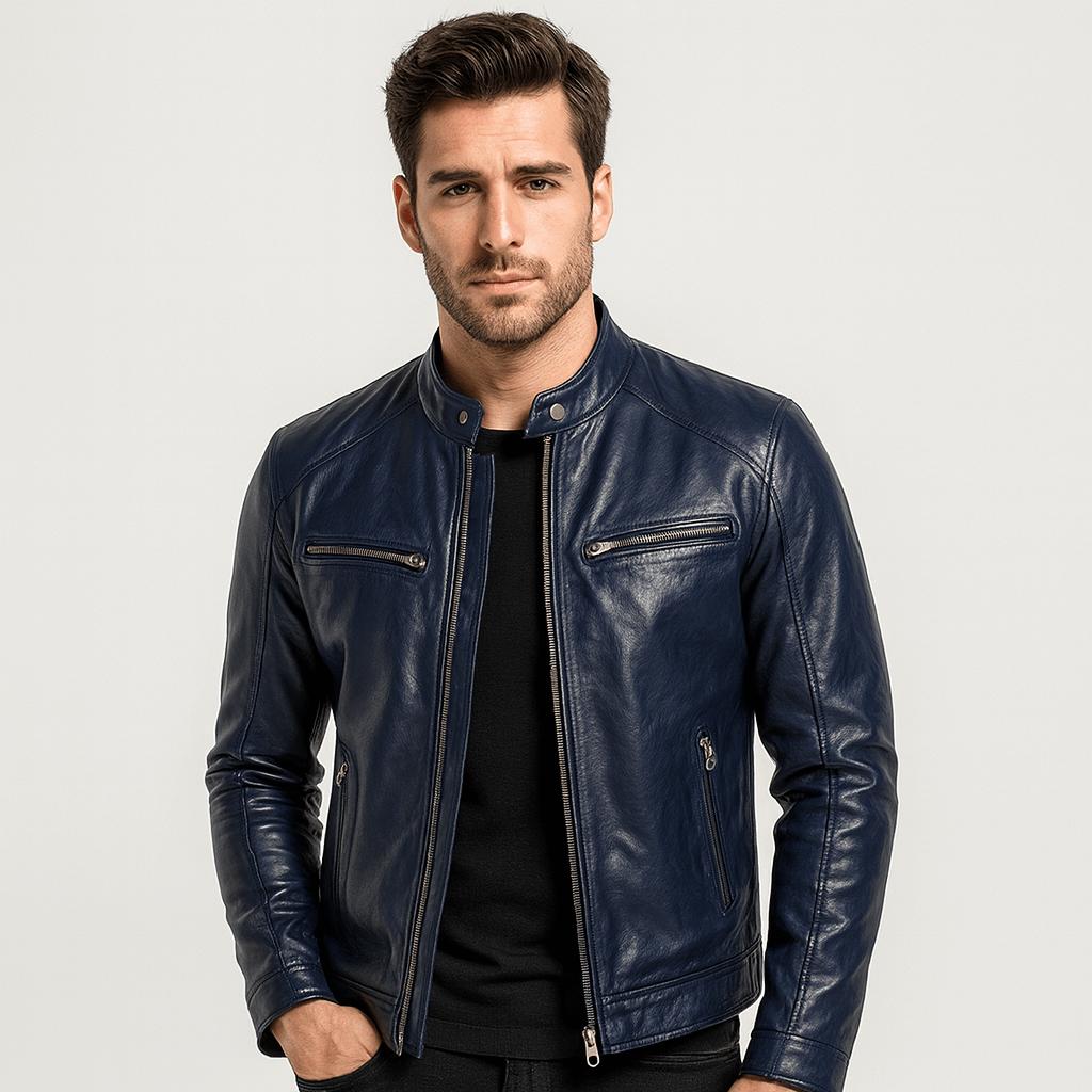 Men's biker jacket with stand collar, zipped pockets and long sleeves