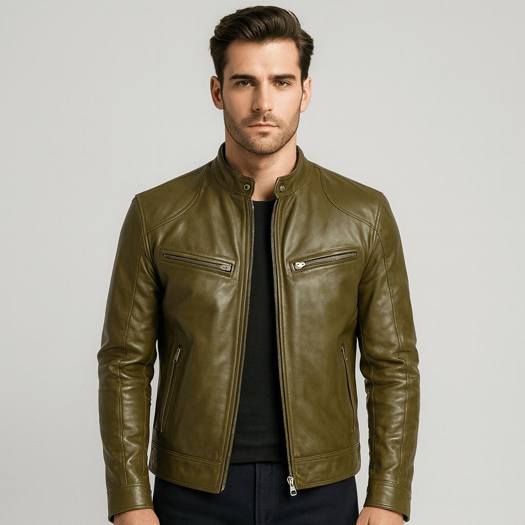 Men's biker jacket with stand collar, zipped pockets and long sleeves