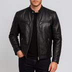Men's biker jacket with stand collar, zipped pockets and long sleeves