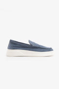 Blue moccasin loafers with penny straps and white platform soles