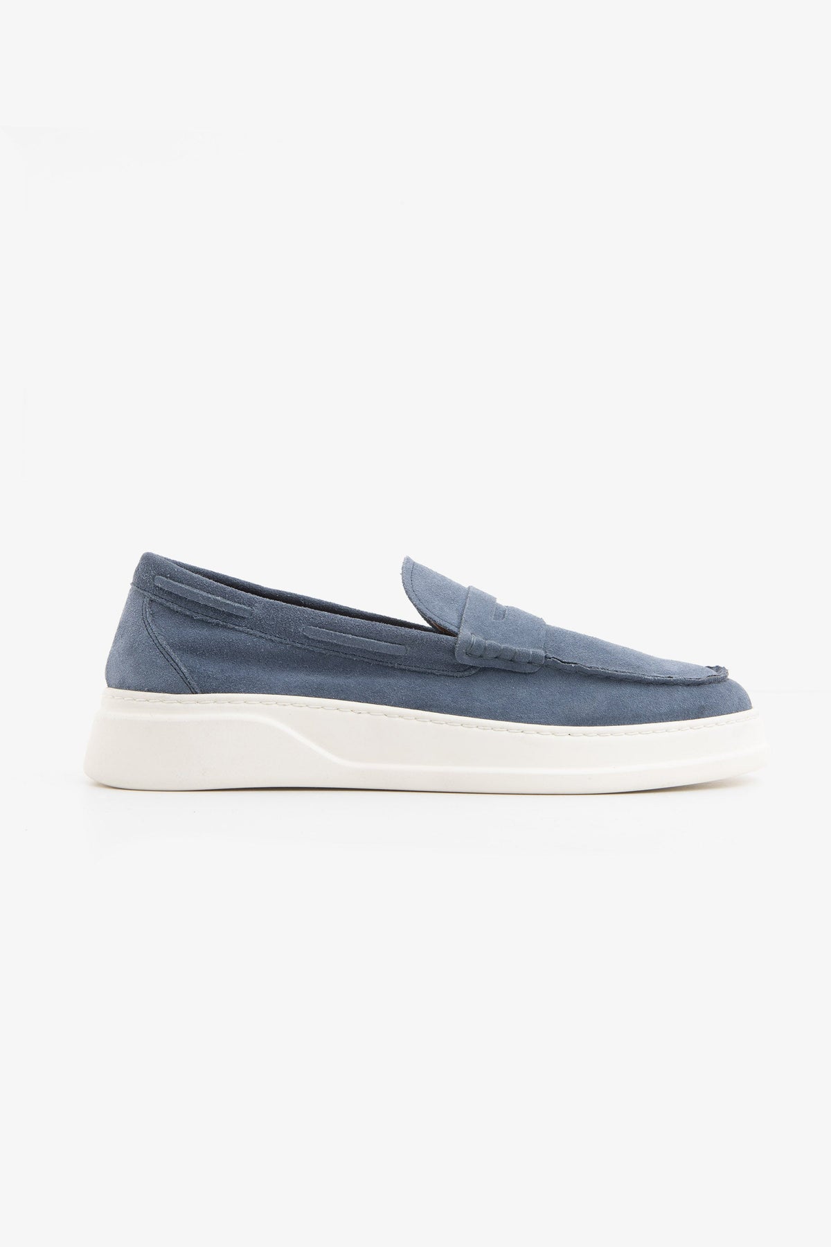 Blue moccasin loafers with penny straps and white platform soles