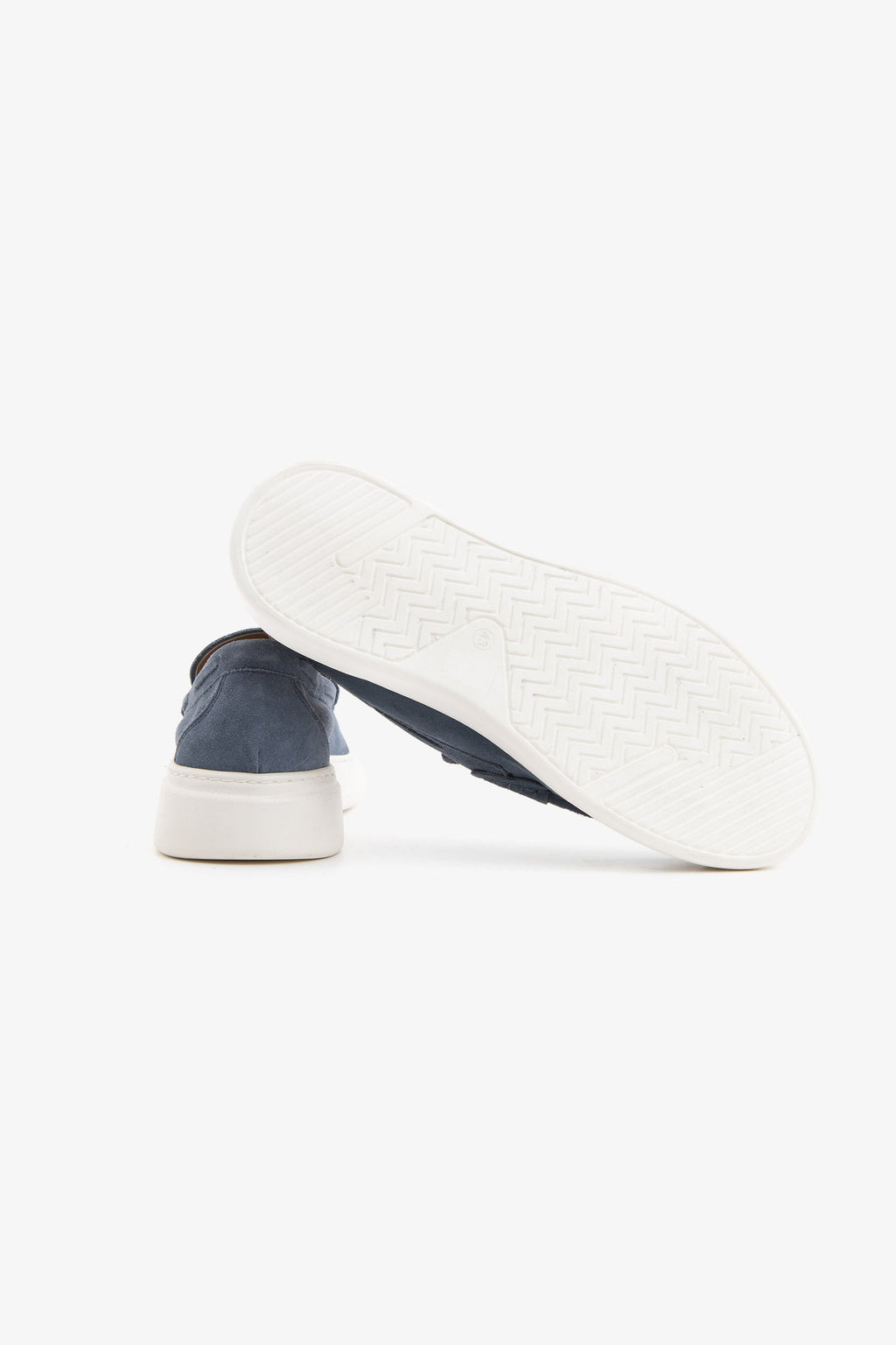 Blue moccasin loafers with penny straps and white platform soles