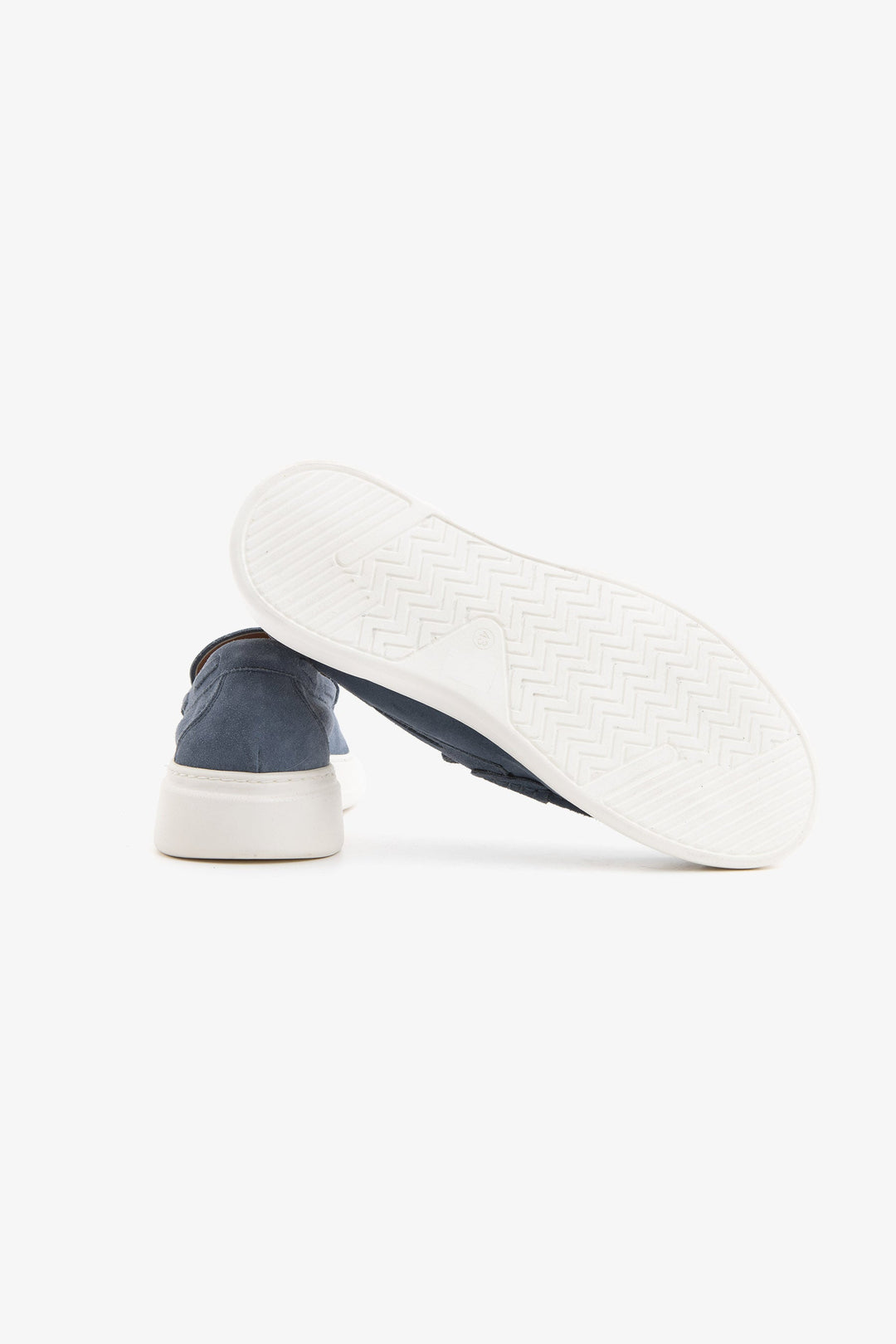 Blue moccasin loafers with penny straps and white platform soles