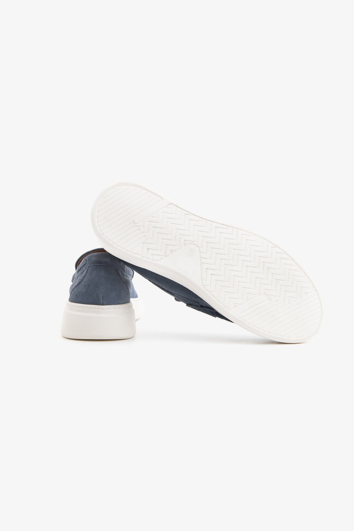Blue moccasin loafers with penny straps and white platform soles