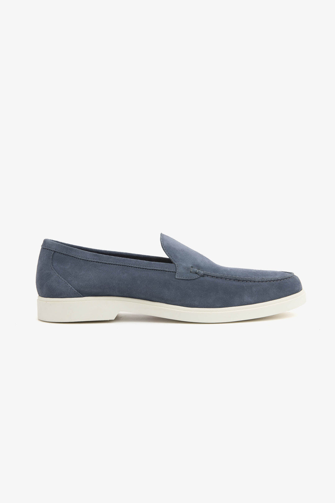 Blue men's slip-on loafers with moccasin stitching and cream flat soles