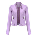 Women's fitted faux leather biker jacket with stand collar, long sleeves and zipped pockets